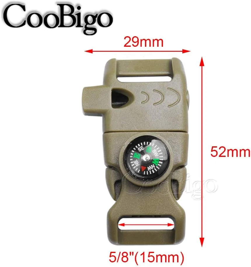 10Pack 5/8" Compass Whistle Buckle Plastic Paracord Bracelet Outdoor Camping Emergency Survival Travel Kits (Khaki)