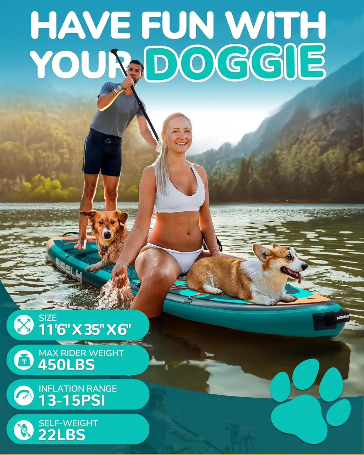 11'635" Super Wide Inflatable Stand Up Paddle Board, Ultra Stable Wide SUP for 2 1 People/Family/Big Size, 100L Backpack, All-Round Sup Board, US Big Fin