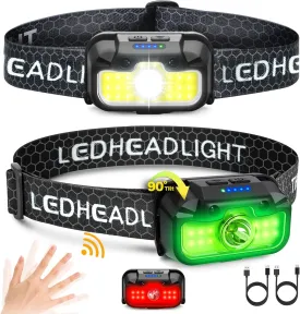 2 Pack Headlamp Rechargeable, 1300 Lumen Lightweight Bright with White Green Red Headlamp Flashlight, Waterproof Motion Sensor Head Lamp,14 Modes for Outdoor Camping Running Cycling