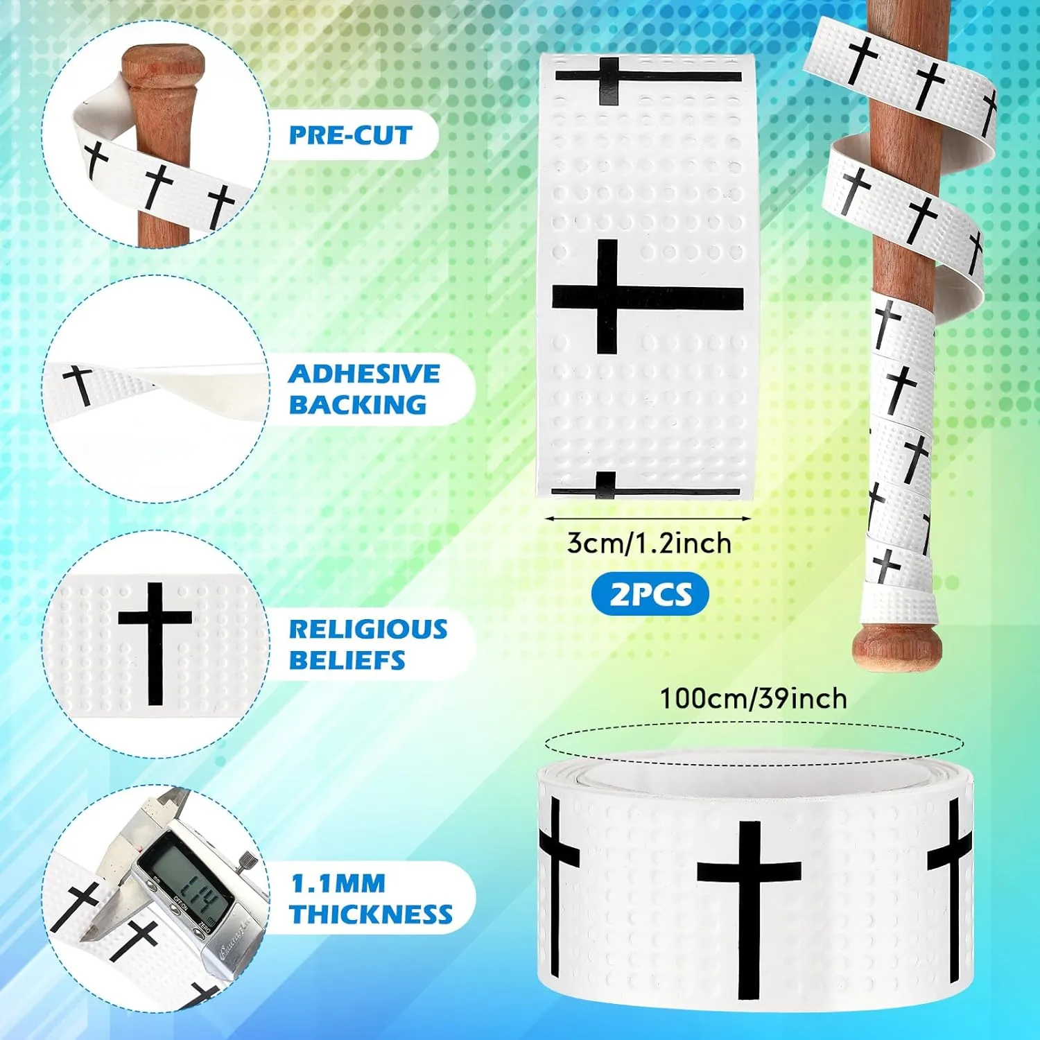 2 Pcs Faith Cross Baseball Bat Grip Tapes 1.1mm Precut and Full Adhesive Softball Grip Tape,Non-Slip Baseball Bat Wrap Religious Cricket Batting Tape Replacement