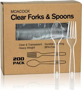 200 Count Plastic Silverware, Heavy Weight Plastic Forks Spoons Disposable Utensils Cutlery Set for Wedding Party Supplies Everyday Use