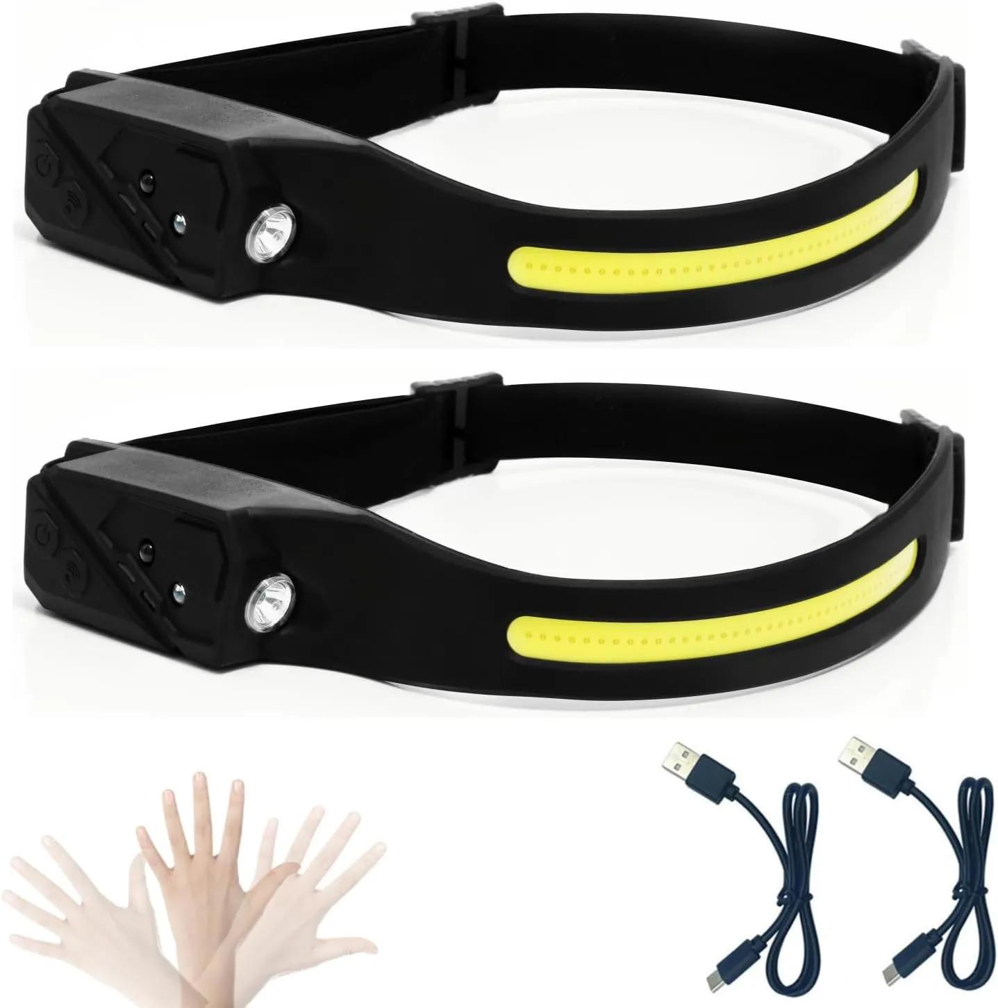 2PCS Rechargeable Headlamp, 230 Wide Beam Head Lights for Hiking Running Repairing Fishing Cycling, 5 Light Modes Spotlight, Waterproof Light Weight Head Lamp with Motion Sensor