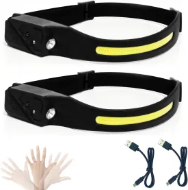 2PCS Rechargeable Headlamp, 230 Wide Beam Head Lights for Hiking Running Repairing Fishing Cycling, 5 Light Modes Spotlight, Waterproof Light Weight Head Lamp with Motion Sensor