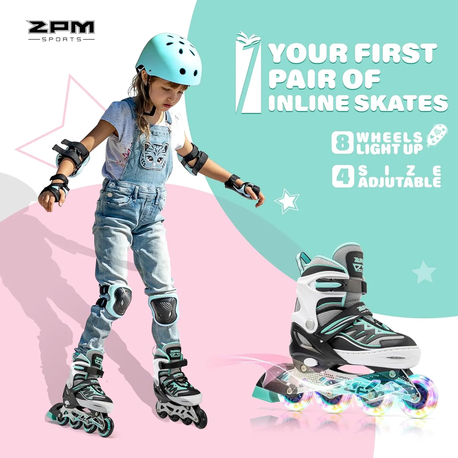 2PM SPORTS Cytia Pink Girls Adjustable Illuminating Inline Skates with Light up Wheels, Fun Flashing Beginner Roller Skates for Kids
