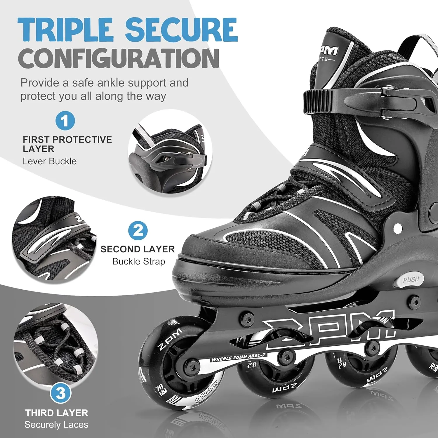 2PM SPORTS Kids Adjustable Inline Skates Ages 4-12, Youth Inlie Skates for Girls Boys 5-8 8-12 with Full Light Up Wheels, Beginner Women Adult Skates