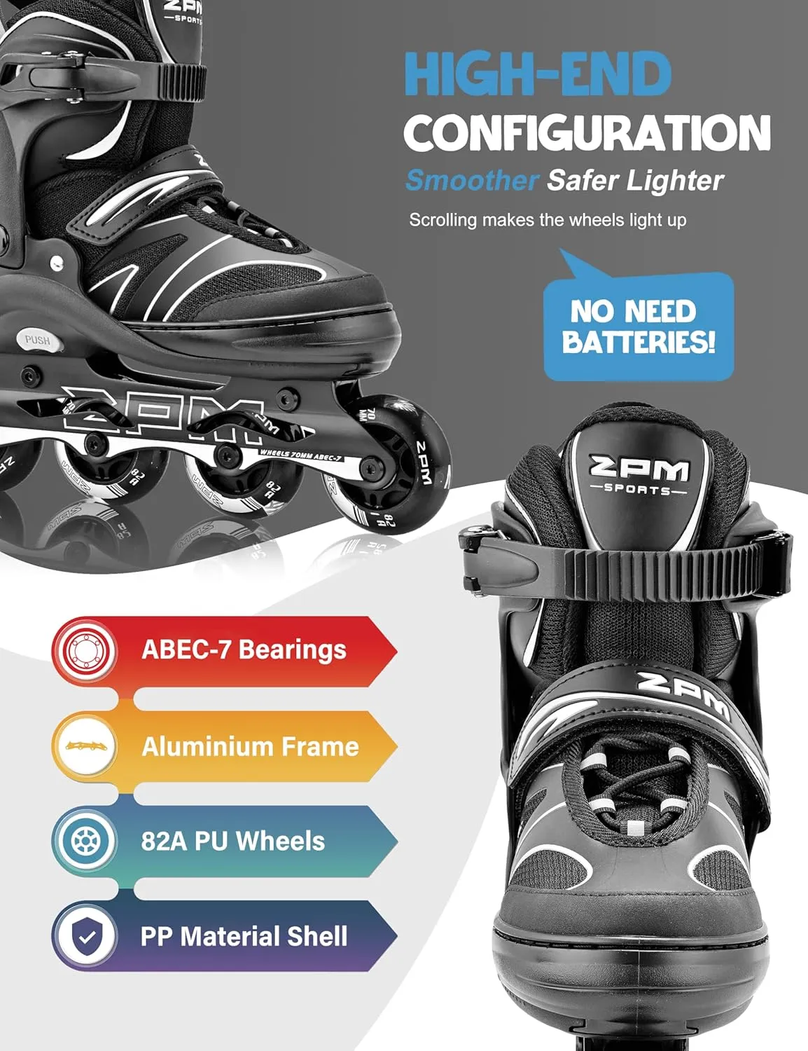2PM SPORTS Kids Adjustable Inline Skates Ages 4-12, Youth Inlie Skates for Girls Boys 5-8 8-12 with Full Light Up Wheels, Beginner Women Adult Skates