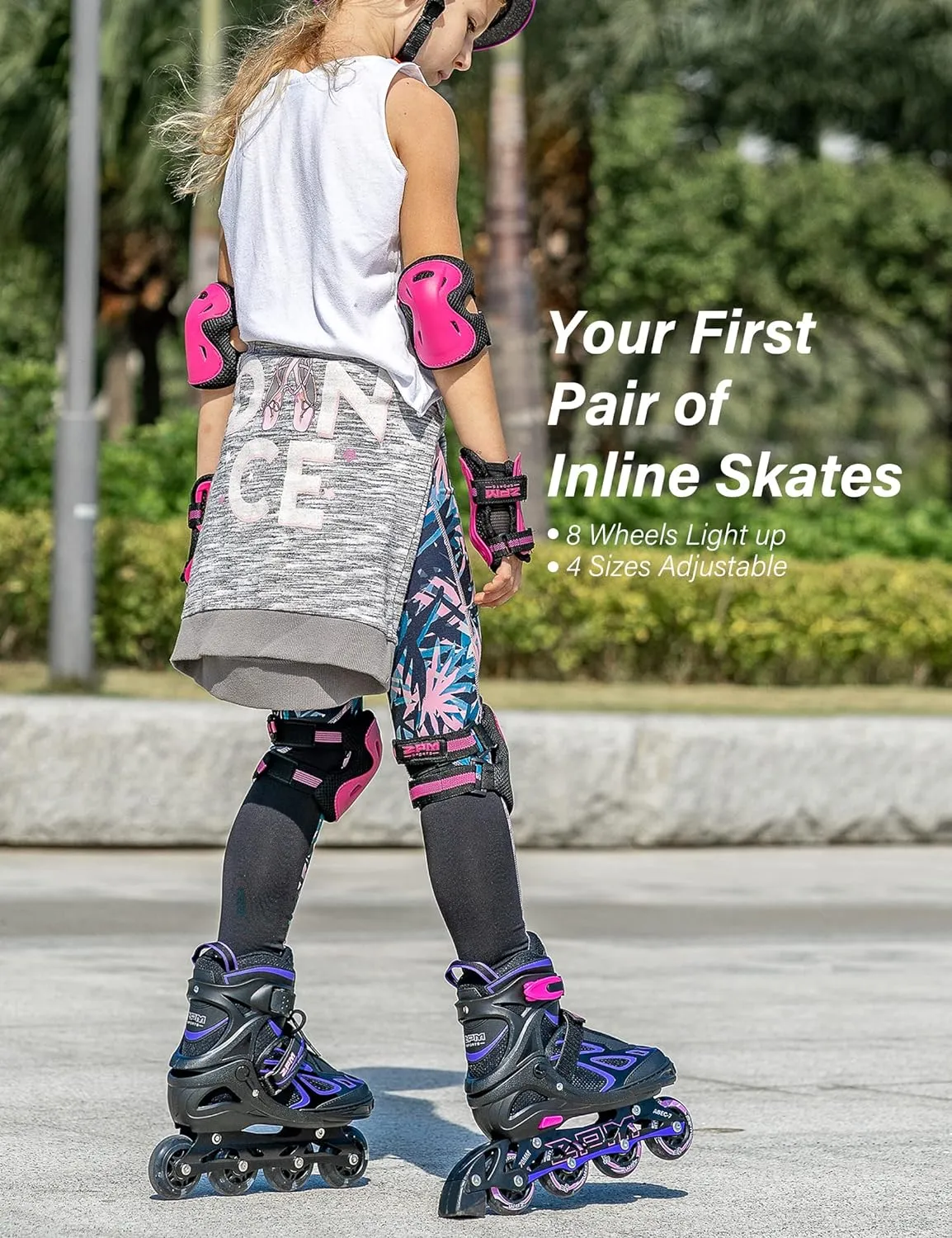 2PM SPORTS Vinal Girls Adjustable Flashing Inline Skates, All Wheels Light Up, Fun Illuminating Skates for Kids Men Adult Women and Boys