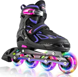 2PM SPORTS Vinal Girls Adjustable Flashing Inline Skates, All Wheels Light Up, Fun Illuminating Skates for Kids Men Adult Women and Boys