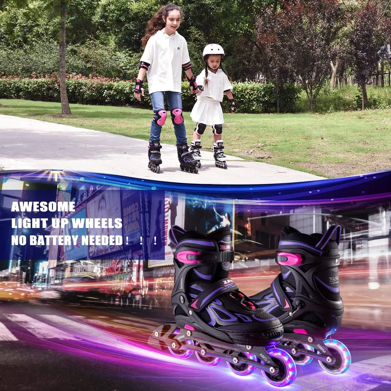 2PM SPORTS Vinal Girls Adjustable Flashing Inline Skates, All Wheels Light Up, Fun Illuminating Skates for Kids Men Adult Women and Boys