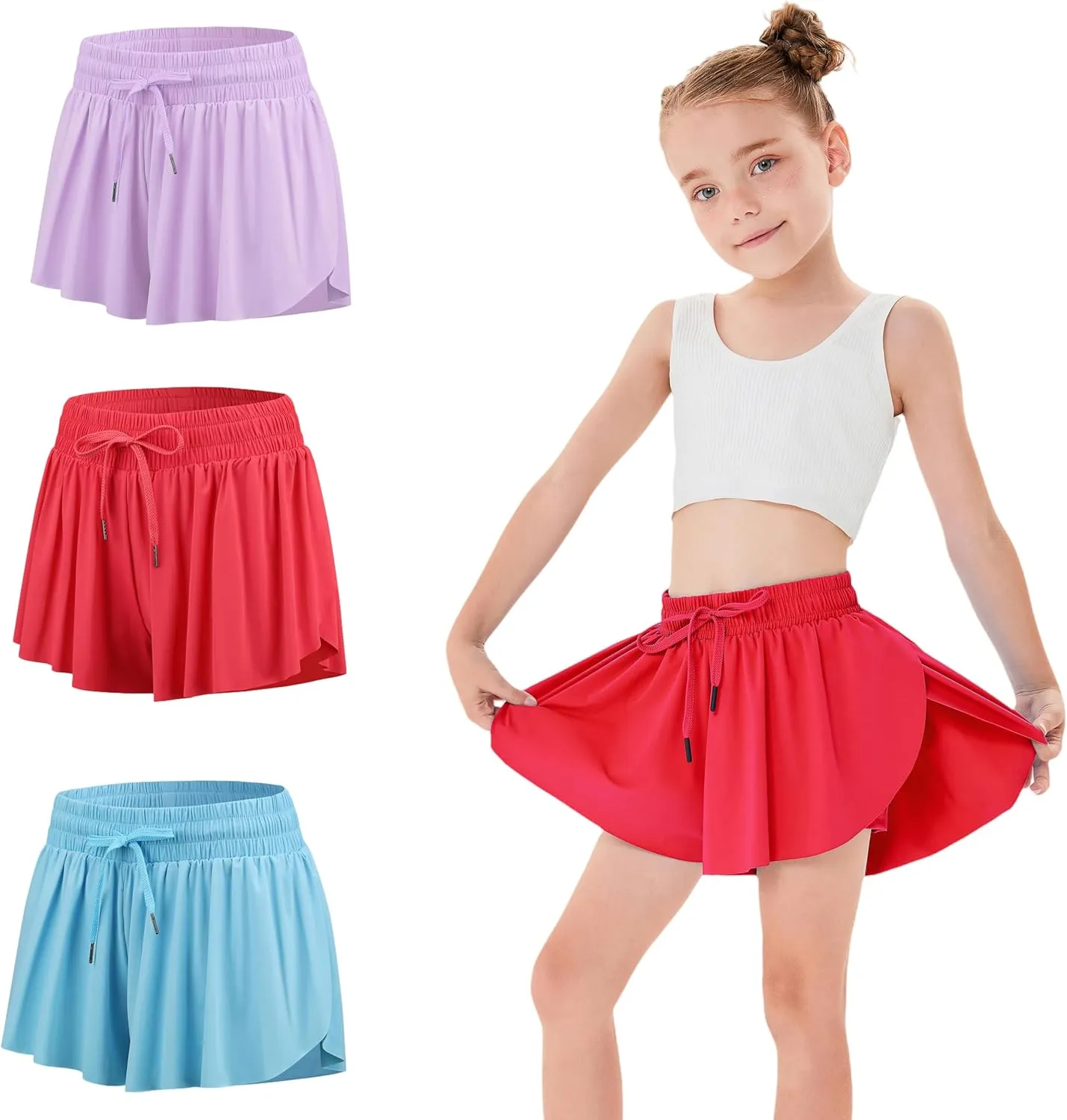 3 Pack Girls Flowy Shorts with Spandex Liner 2 in 1 Youth Junior Butterfly Skirts for Fitness Running Sports