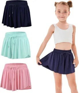3 Pack Girls Flowy Shorts with Spandex Liner 2 in 1 Youth Junior Butterfly Skirts for Fitness Running Sports
