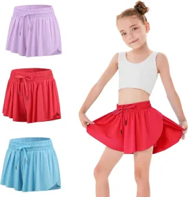 3 Pack Girls Flowy Shorts with Spandex Liner 2 in 1 Youth Junior Butterfly Skirts for Fitness Running Sports