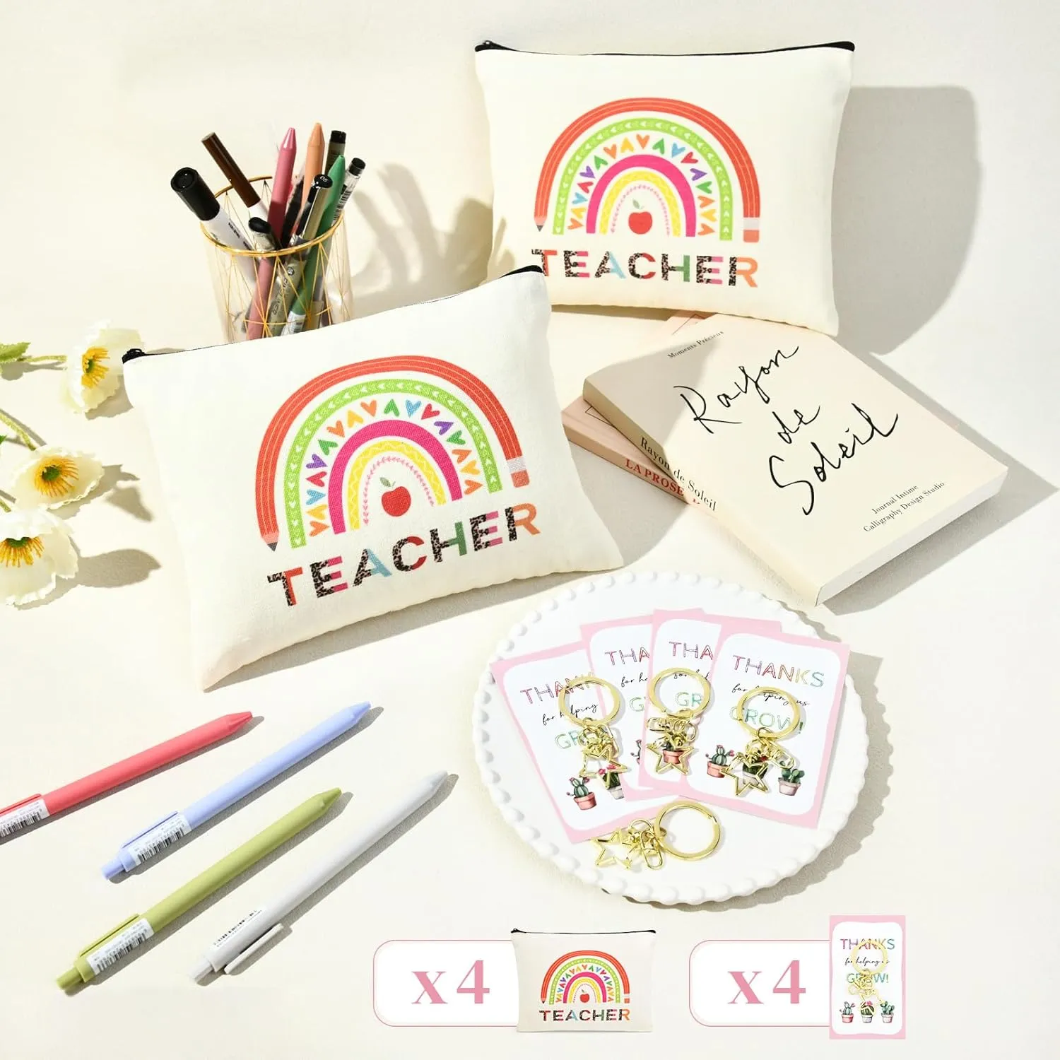 8PCS Teacher Appreciation Gifts Bulk Teacher Gifts Makeup Bags Survival Kit Appreciation Week Keychain for women