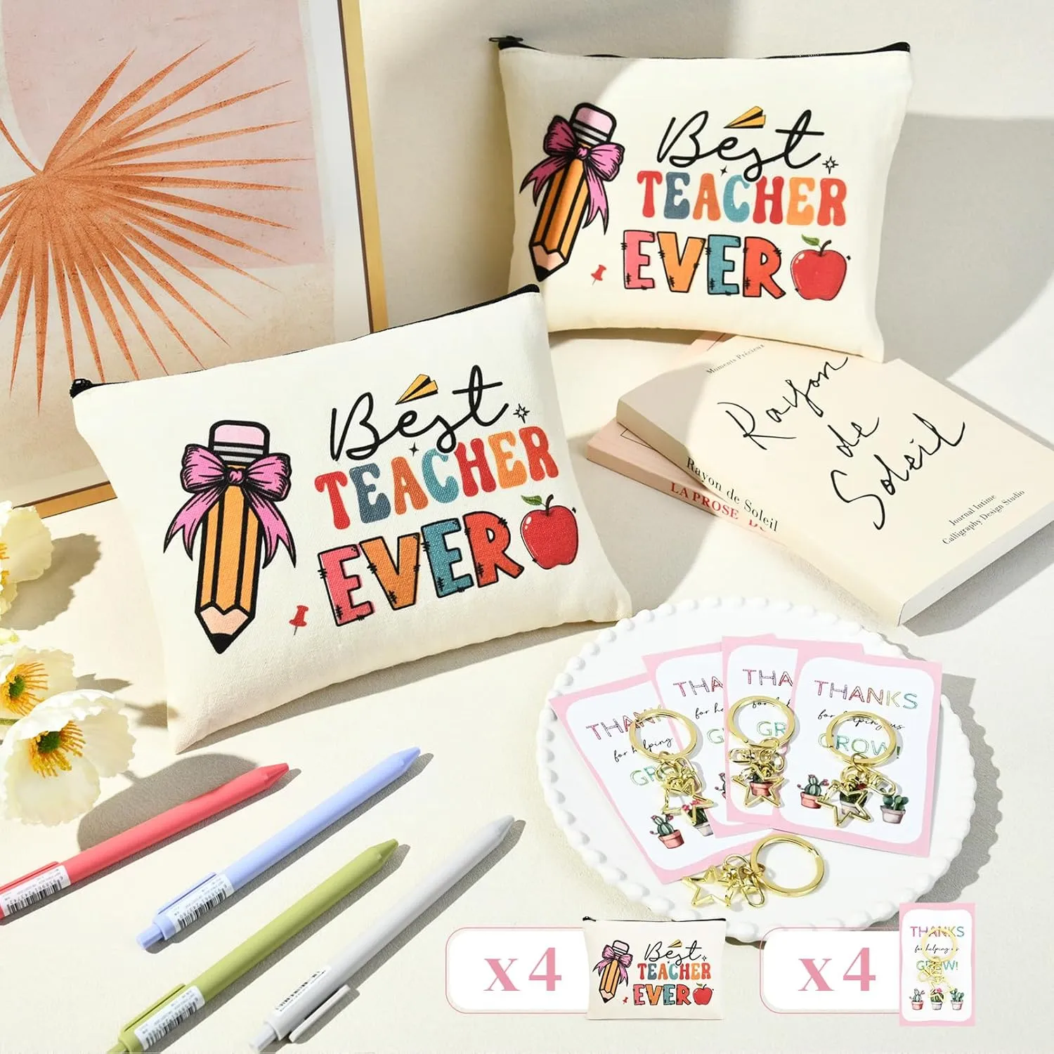 8PCS Teacher Appreciation Gifts Bulk Teacher Gifts Makeup Bags Survival Kit Appreciation Week Keychain for women