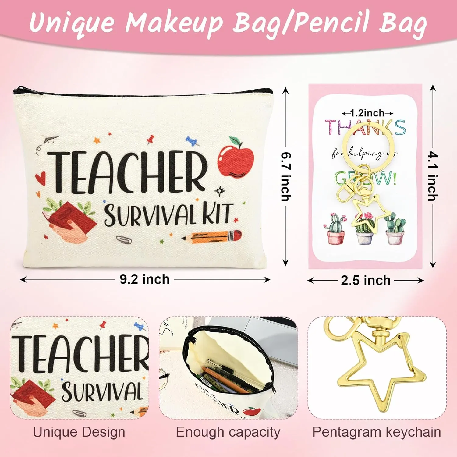 8PCS Teacher Appreciation Gifts Bulk Teacher Gifts Makeup Bags Survival Kit Appreciation Week Keychain for women
