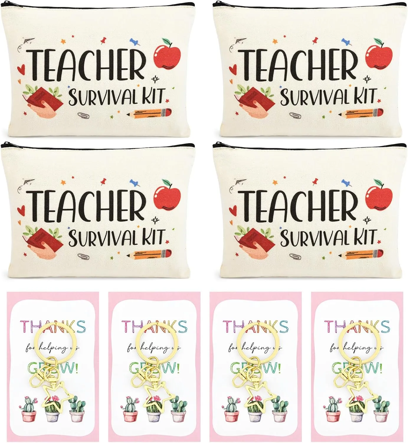 8PCS Teacher Appreciation Gifts Bulk Teacher Gifts Makeup Bags Survival Kit Appreciation Week Keychain for women