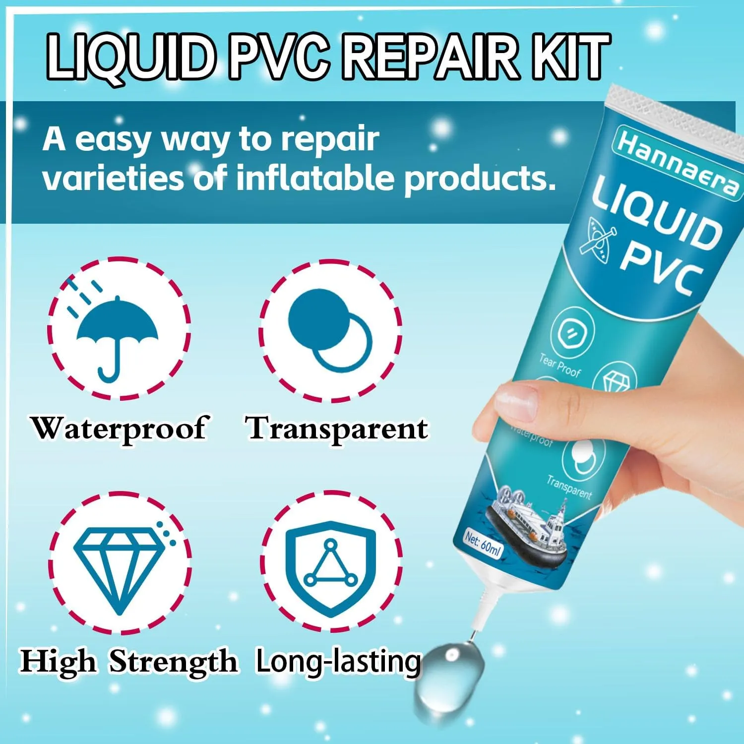 Air Mattress Patch Kit, Pool Liner Patch Kit Waterproof, Transparent Inflatable Patch Repair Kit, Vinyl Repair Kit for Inflatables, Swimming Pool,Hot Tub,Boat,Raft,Kayak (60 ml) (Liquid PVC)