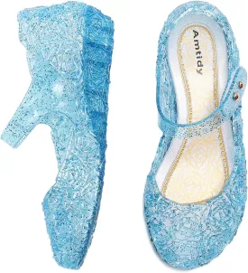 Amtidy Flats Mary Jane Dance Party Cosplay Shoes, Snow Queen Princess Birthday Sandals for Little Girls, Toddler