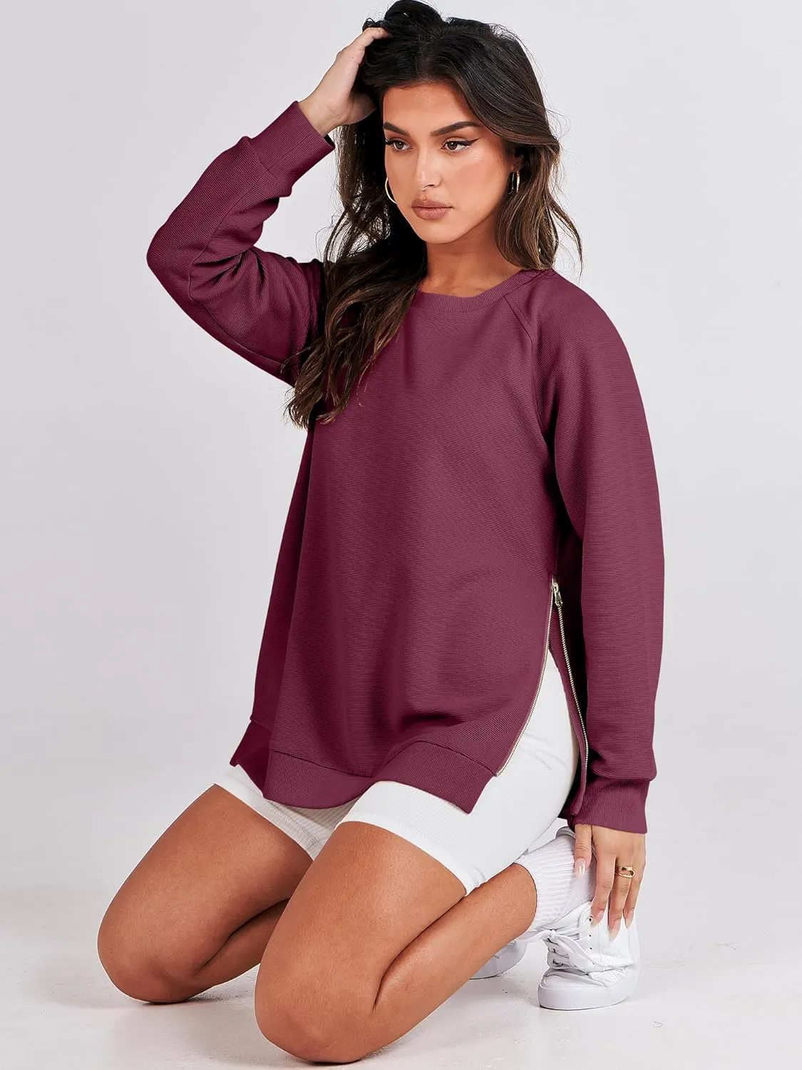 ANRABESS Women's Oversized Sweatshirts Crewneck Long Sleeve Tunic Pullover Shirts Side Zipper Hoodies 2025 Fall Clothes