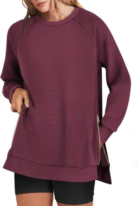 ANRABESS Women's Oversized Sweatshirts Crewneck Long Sleeve Tunic Pullover Shirts Side Zipper Hoodies 2025 Fall Clothes