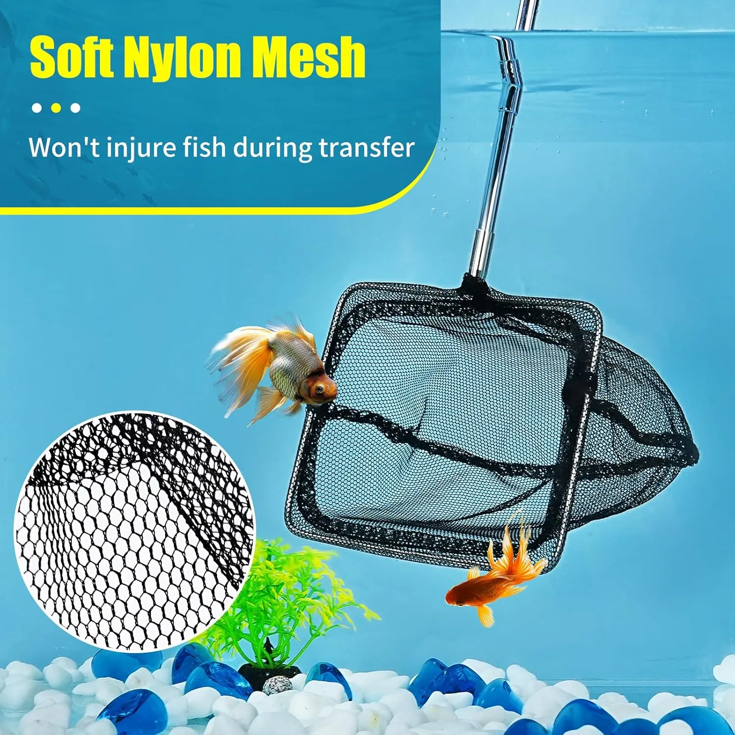 AQUANEAT Aquarium Net with Extendable Long Handle, Adjustable Wastes Skimming Cleaning Tools for Fish Tanks, 8 inch