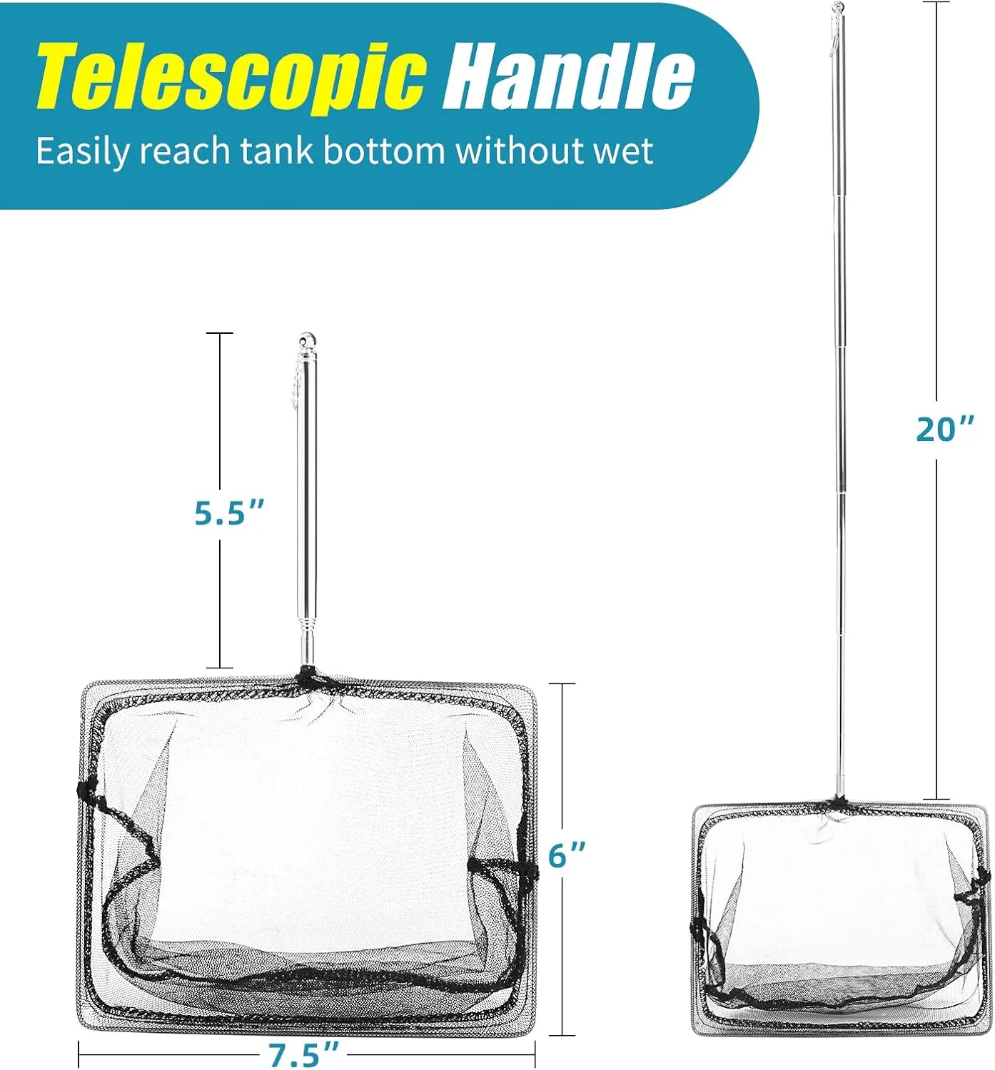 AQUANEAT Aquarium Net with Extendable Long Handle, Adjustable Wastes Skimming Cleaning Tools for Fish Tanks, 8 inch