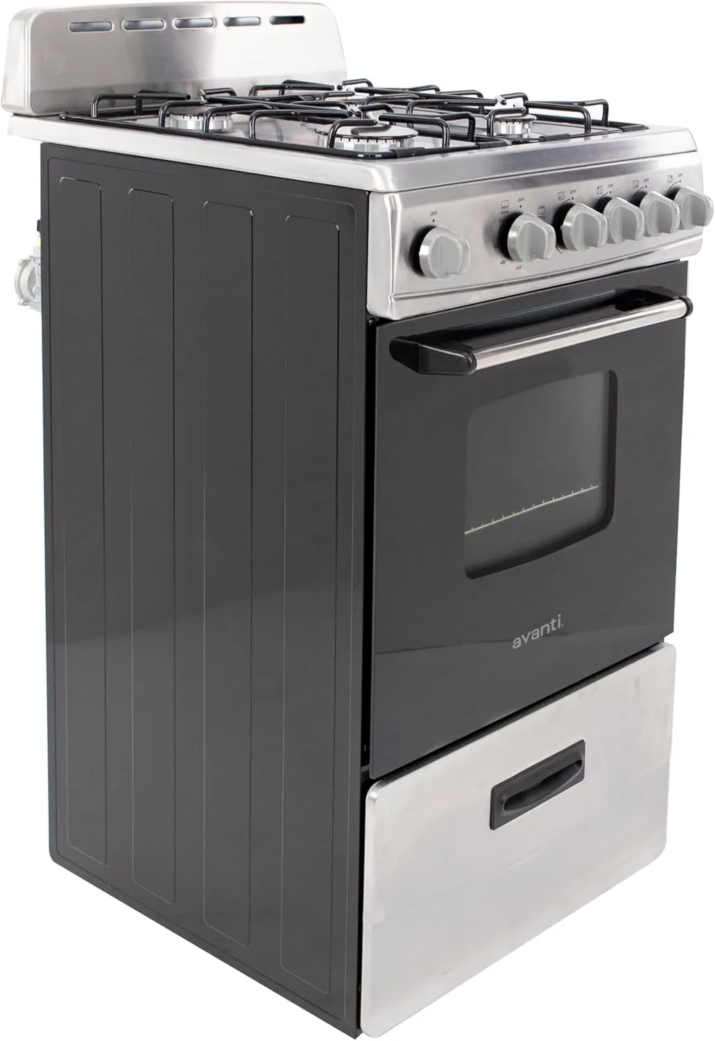 Avanti GR2013CSS Gas Range Oven Compact Freestanding Design, 4 Sealed Burners with Electronic Ignition, 2.1 Cu.Ft. Capacity Features Storage Drawer Broiler and Accessories, 20-Inch, Black