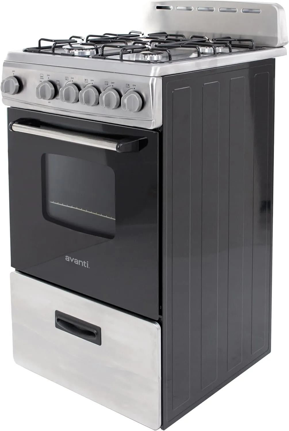 Avanti GR2013CSS Gas Range Oven Compact Freestanding Design, 4 Sealed Burners with Electronic Ignition, 2.1 Cu.Ft. Capacity Features Storage Drawer Broiler and Accessories, 20-Inch, Black