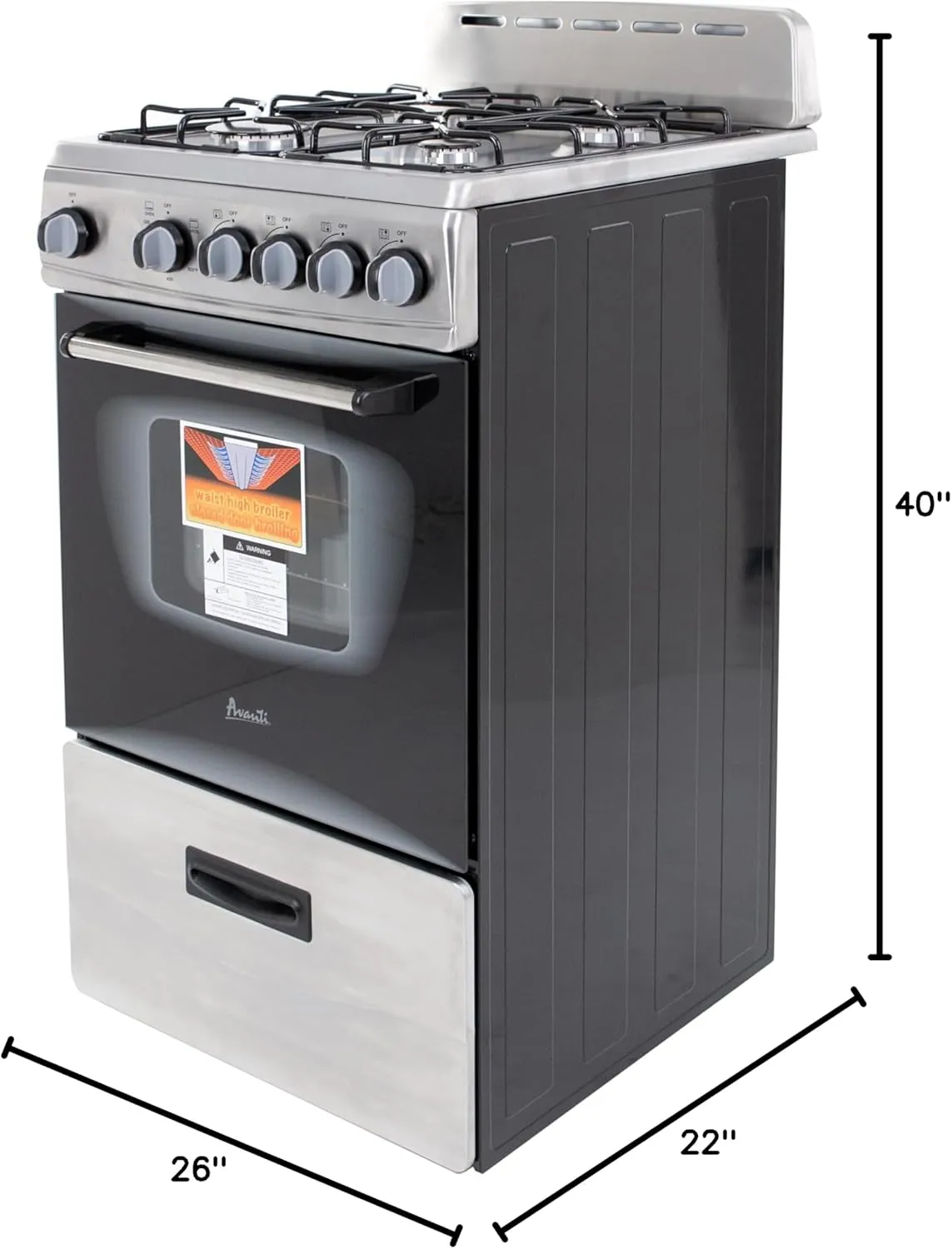 Avanti GR2013CSS Gas Range Oven Compact Freestanding Design, 4 Sealed Burners with Electronic Ignition, 2.1 Cu.Ft. Capacity Features Storage Drawer Broiler and Accessories, 20-Inch, Black