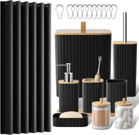 Bathroom Accessories Set - 22PCS Black Bathroom Set with Shower Curtain, Trash Can, Toilet Brush Holder Set & Soap Dispenser  Stylish & Functional Bath Decor for Home, Apartment