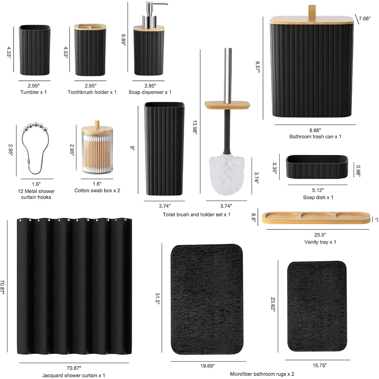 Bathroom Accessories Set - 22PCS Black Bathroom Set with Shower Curtain, Trash Can, Toilet Brush Holder Set & Soap Dispenser  Stylish & Functional Bath Decor for Home, Apartment
