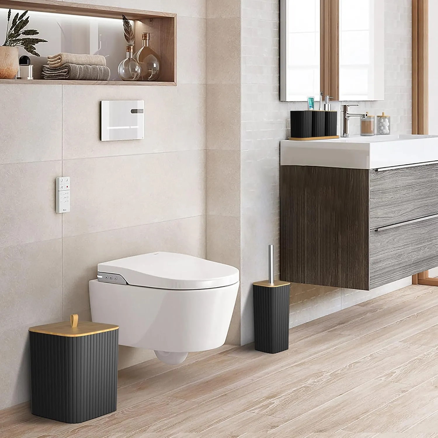 Bathroom Accessories Set - 22PCS Black Bathroom Set with Shower Curtain, Trash Can, Toilet Brush Holder Set & Soap Dispenser  Stylish & Functional Bath Decor for Home, Apartment