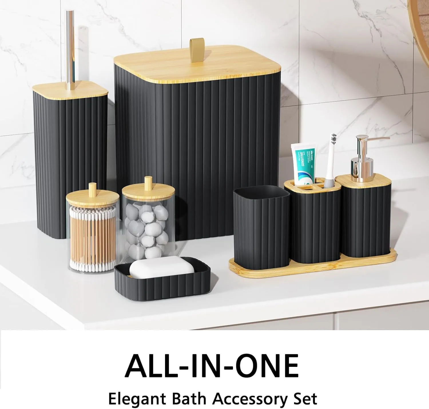 Bathroom Accessories Set - 22PCS Black Bathroom Set with Shower Curtain, Trash Can, Toilet Brush Holder Set & Soap Dispenser  Stylish & Functional Bath Decor for Home, Apartment