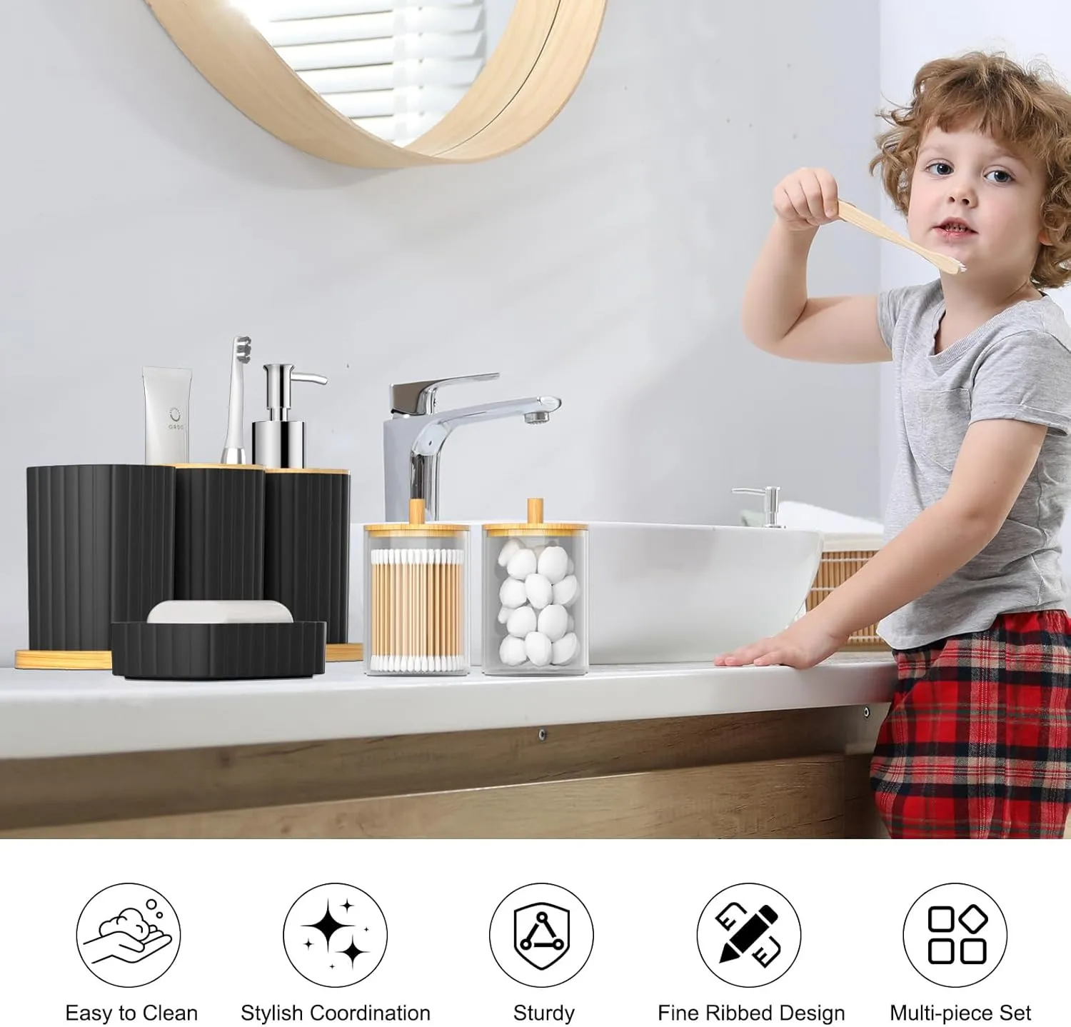 Bathroom Accessories Set - 22PCS Black Bathroom Set with Shower Curtain, Trash Can, Toilet Brush Holder Set & Soap Dispenser  Stylish & Functional Bath Decor for Home, Apartment
