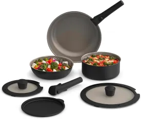 bella 8 Piece Removable Handle Cookware Set, Fits-anywhere Kitchenware w EverGood Ceramic Nonstick Coating, Dishwasher & Oven Safe, All Stovetops Compatible, Glass Lids with Silicone Rims, Black