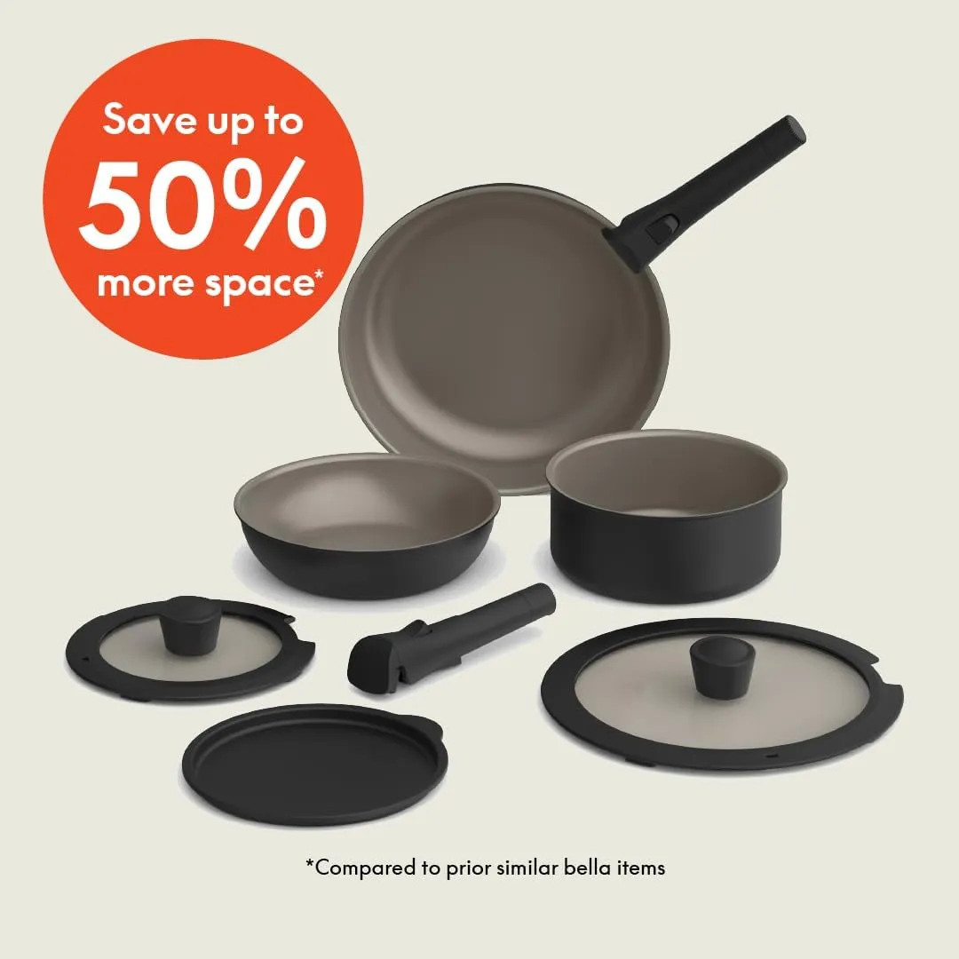 bella 8 Piece Removable Handle Cookware Set, Fits-anywhere Kitchenware w EverGood Ceramic Nonstick Coating, Dishwasher & Oven Safe, All Stovetops Compatible, Glass Lids with Silicone Rims, Black