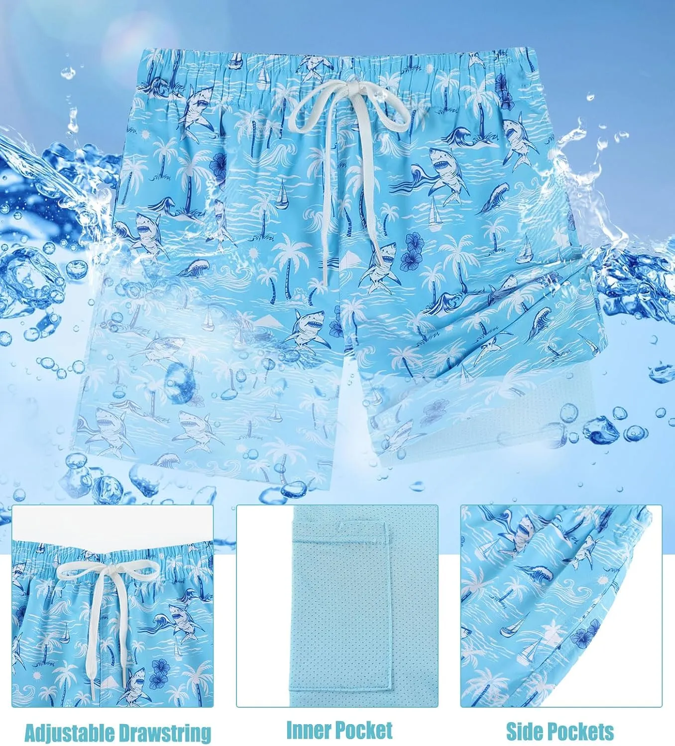 Boys Swim Trunks with Compression Liner Swim Shorts Kids Quick Dry Bathing Suit Boxer Brief Swimwear 6-20 Years