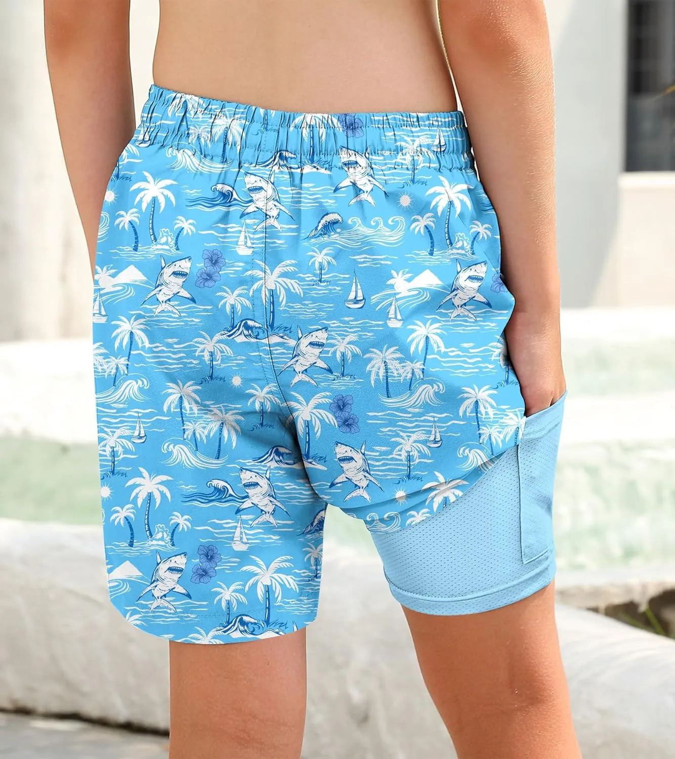 Boys Swim Trunks with Compression Liner Swim Shorts Kids Quick Dry Bathing Suit Boxer Brief Swimwear 6-20 Years