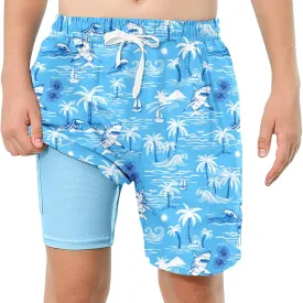 Boys Swim Trunks with Compression Liner Swim Shorts Kids Quick Dry Bathing Suit Boxer Brief Swimwear 6-20 Years