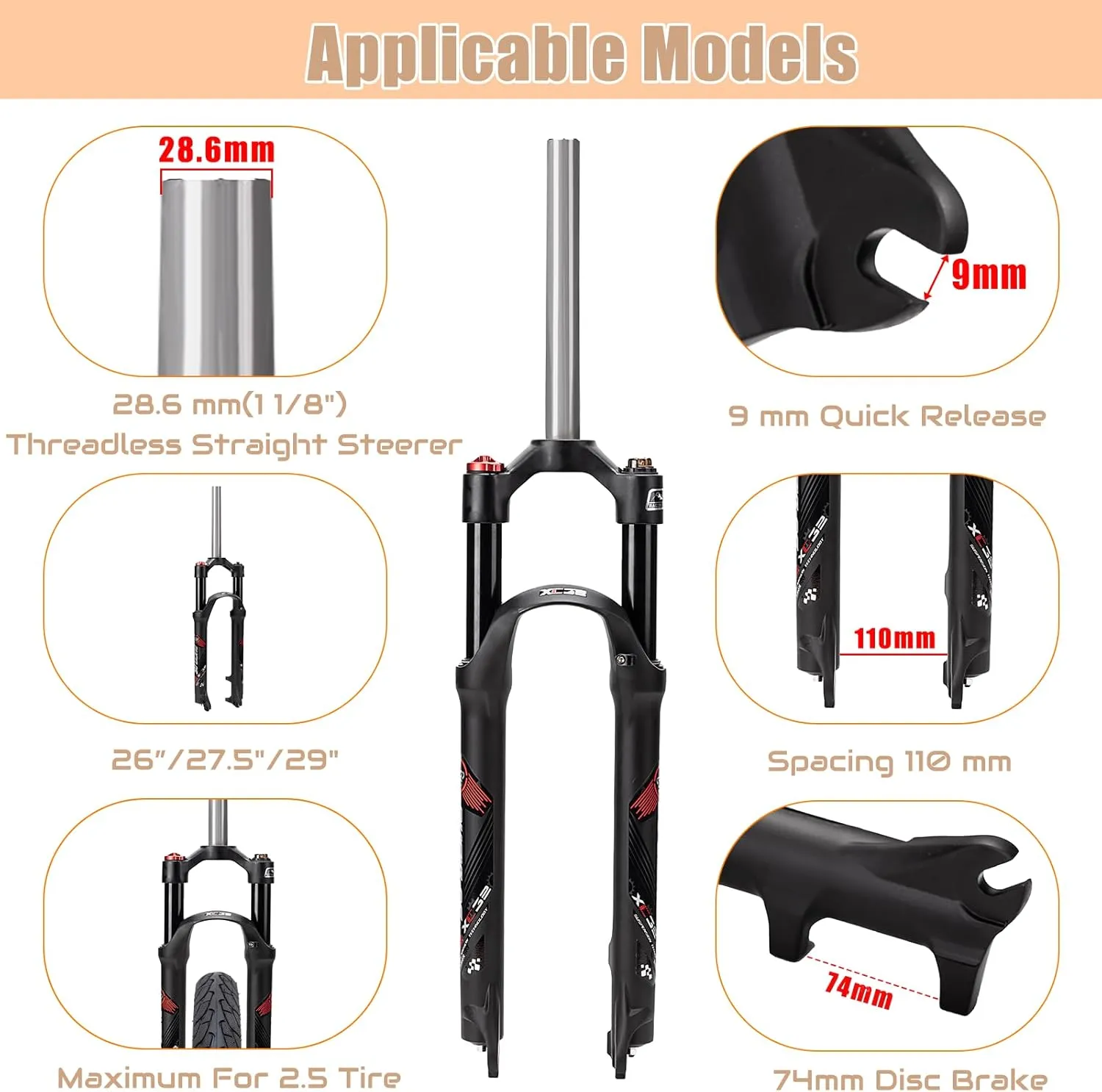 BUCKLOS Mountain Bicycle Suspension Forks, 26/27.5/29 inch MTB Bike Front Fork with Preload Adjustment, 100mm Travel 28.6mm Threadless Steerer