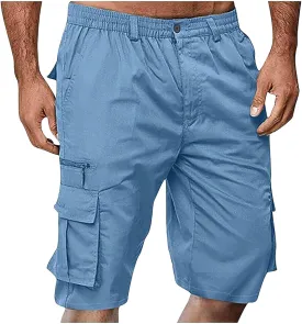 Cargo Shorts for Men Casual Summer Hiking Pants Elastic Waist Knee Length Big and Tall Bermuda Short with Pockets