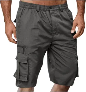 Cargo Shorts for Men Summer Work Hiking Pants Elastic Waist Knee Length Big and Tall Bermuda Shorts with Pockets