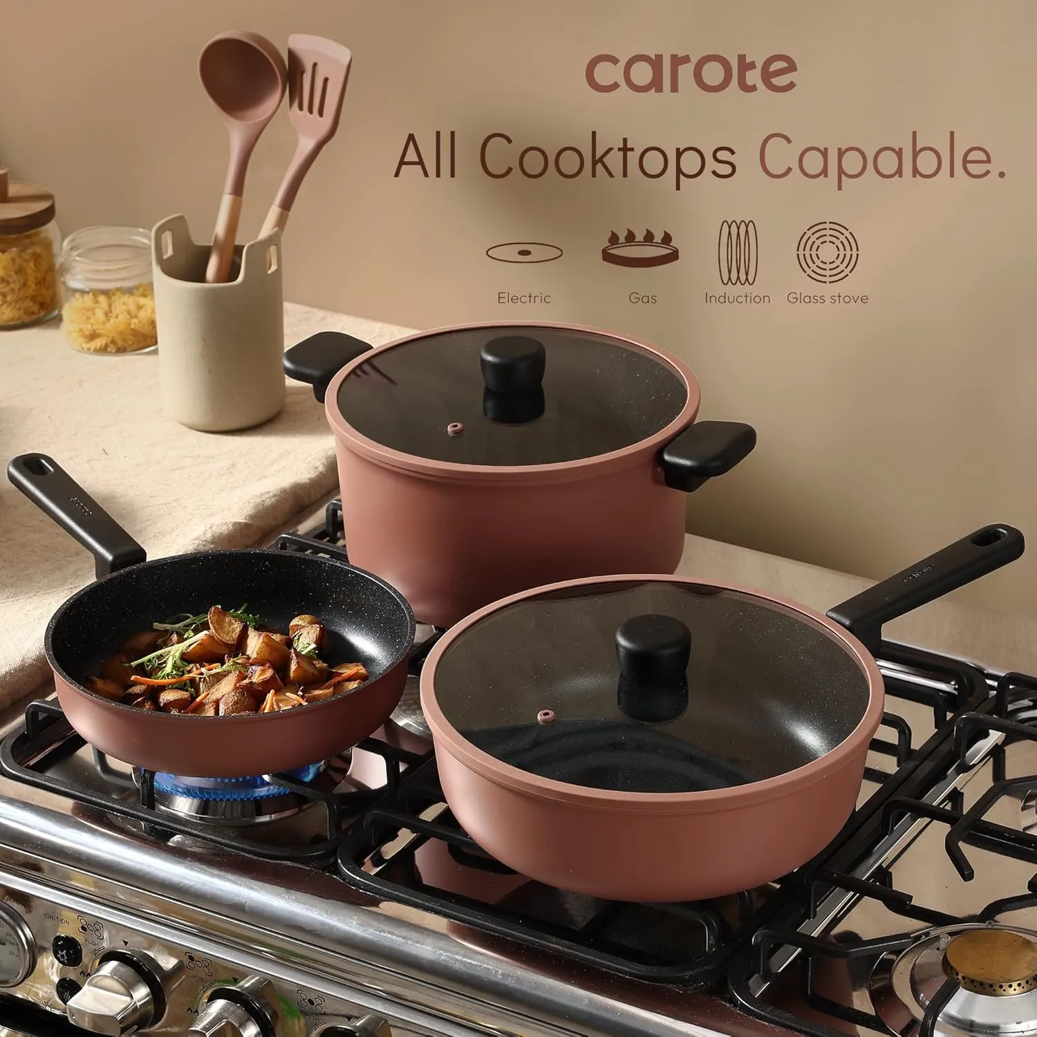 CAROTE Non Stick Pots and Pans Set, Cookware Sets Nonstick 16 Piece, Kitchen Cooking Set with Stay-Cool Handles,with Silicone Tools and Pot Protectors