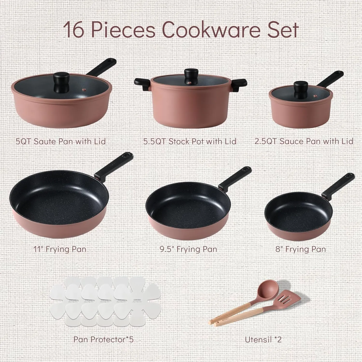 CAROTE Non Stick Pots and Pans Set, Cookware Sets Nonstick 16 Piece, Kitchen Cooking Set with Stay-Cool Handles,with Silicone Tools and Pot Protectors
