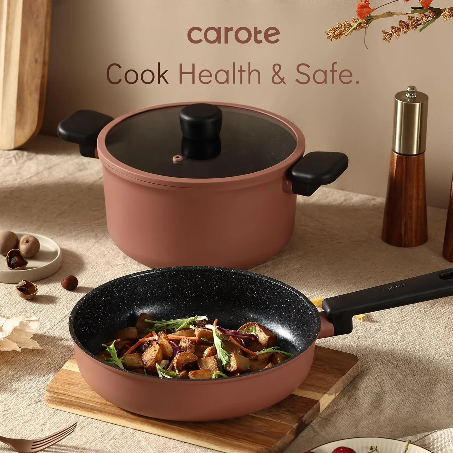 CAROTE Non Stick Pots and Pans Set, Cookware Sets Nonstick 16 Piece, Kitchen Cooking Set with Stay-Cool Handles,with Silicone Tools and Pot Protectors