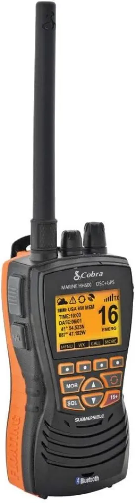 Cobra MR HH600FLTBTGPS Handheld Floating VHF Radio  6 Watt, GPS, Bluetooth, Submersible, Noise Cancelling Mic, Backlit LCD Display, Memory Scan, Grey