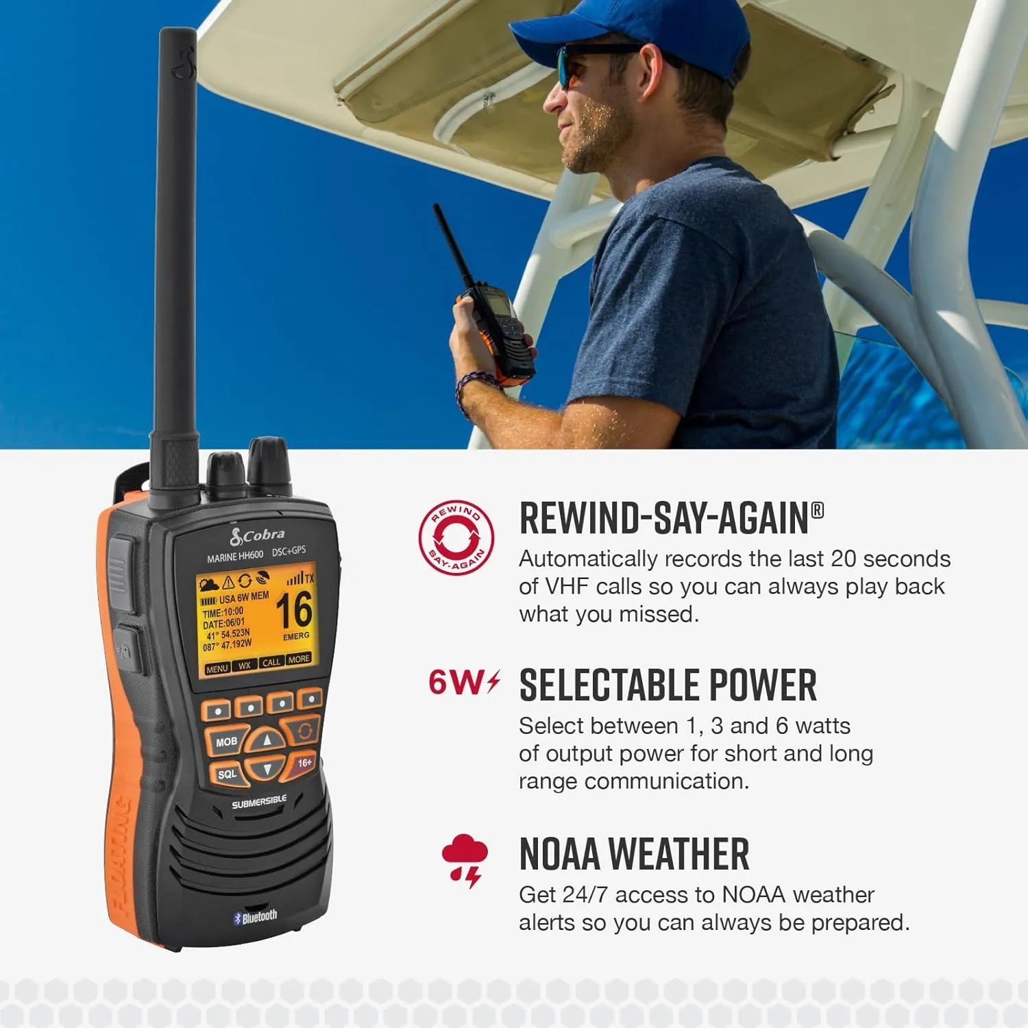 Cobra MR HH600FLTBTGPS Handheld Floating VHF Radio  6 Watt, GPS, Bluetooth, Submersible, Noise Cancelling Mic, Backlit LCD Display, Memory Scan, Grey