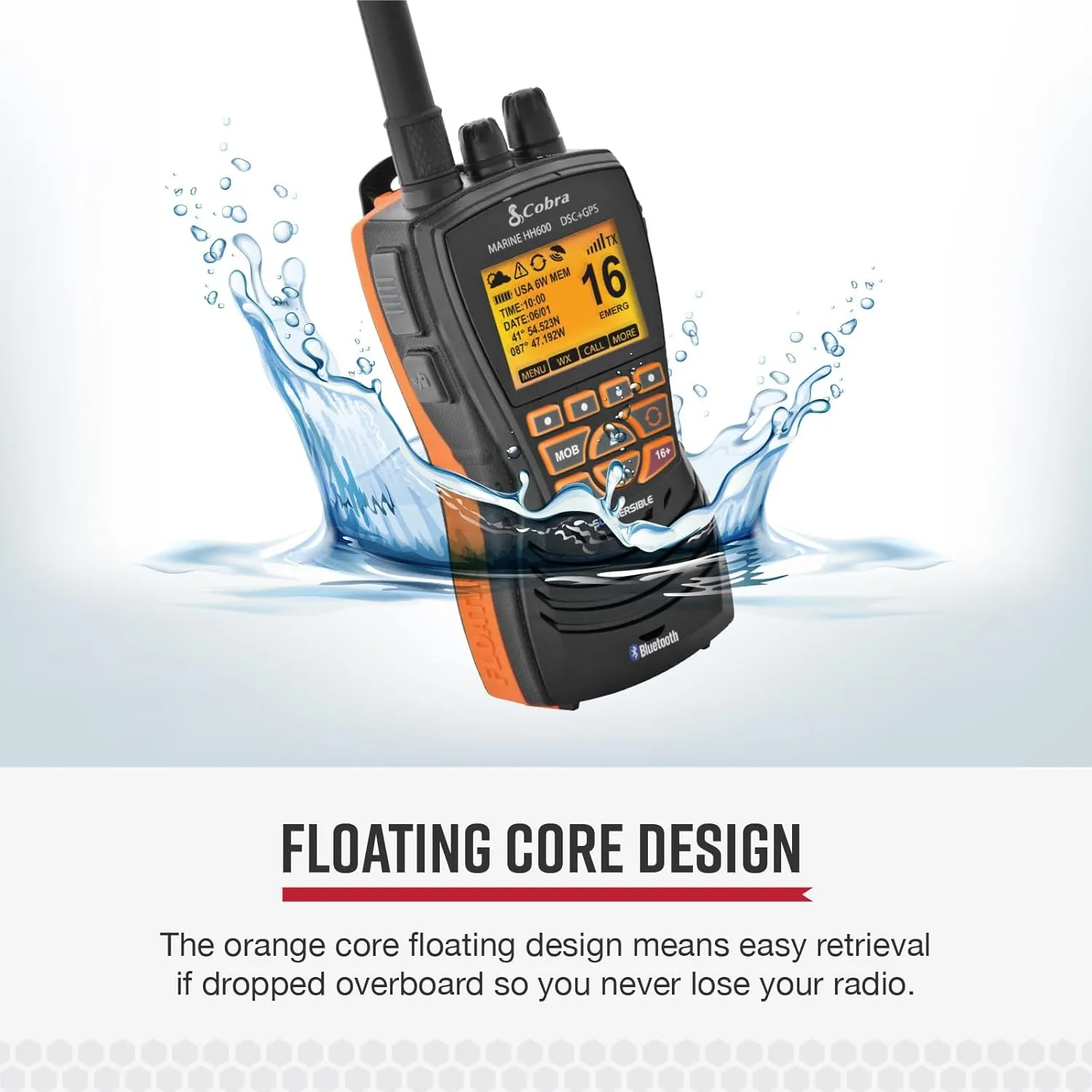 Cobra MR HH600FLTBTGPS Handheld Floating VHF Radio  6 Watt, GPS, Bluetooth, Submersible, Noise Cancelling Mic, Backlit LCD Display, Memory Scan, Grey