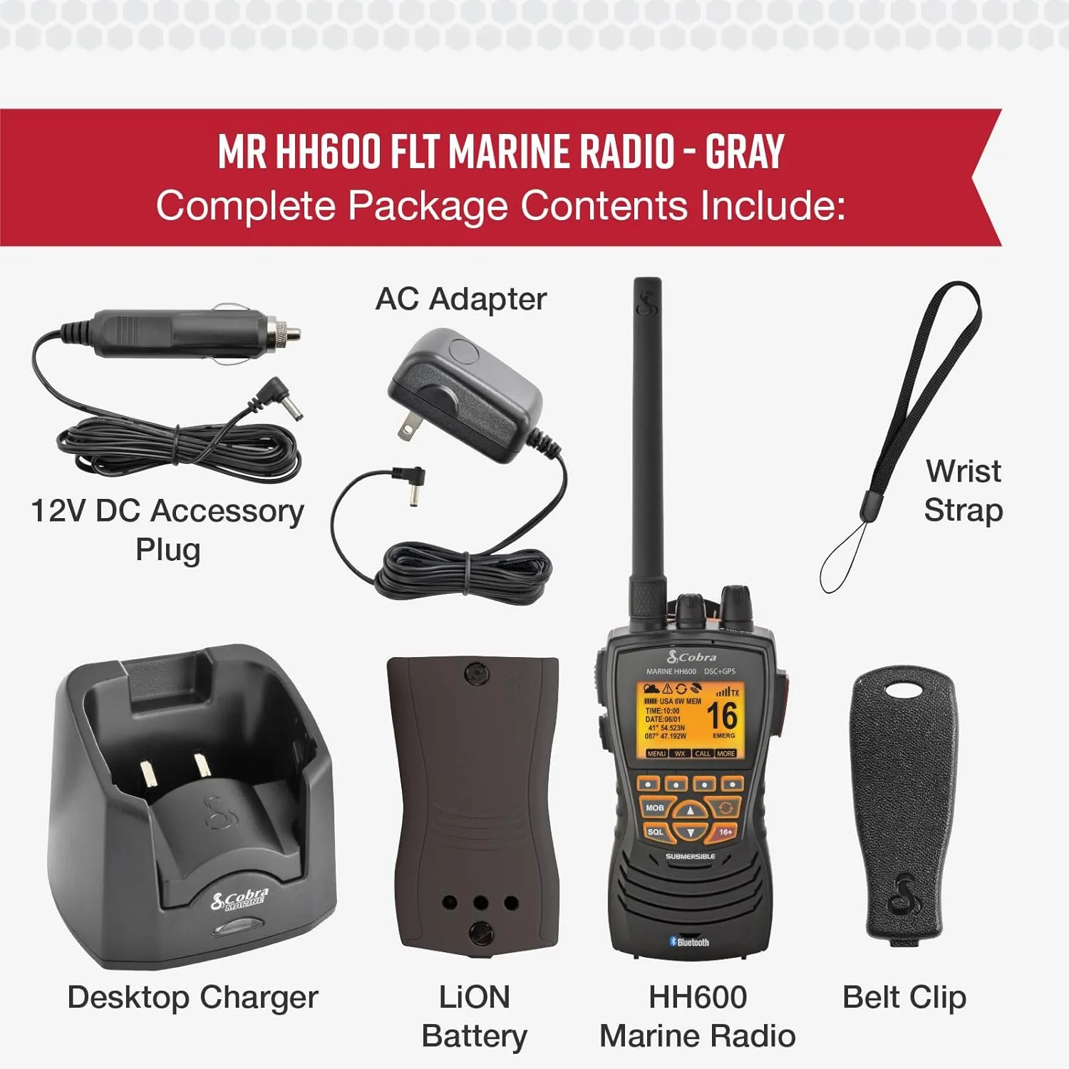 Cobra MR HH600FLTBTGPS Handheld Floating VHF Radio  6 Watt, GPS, Bluetooth, Submersible, Noise Cancelling Mic, Backlit LCD Display, Memory Scan, Grey