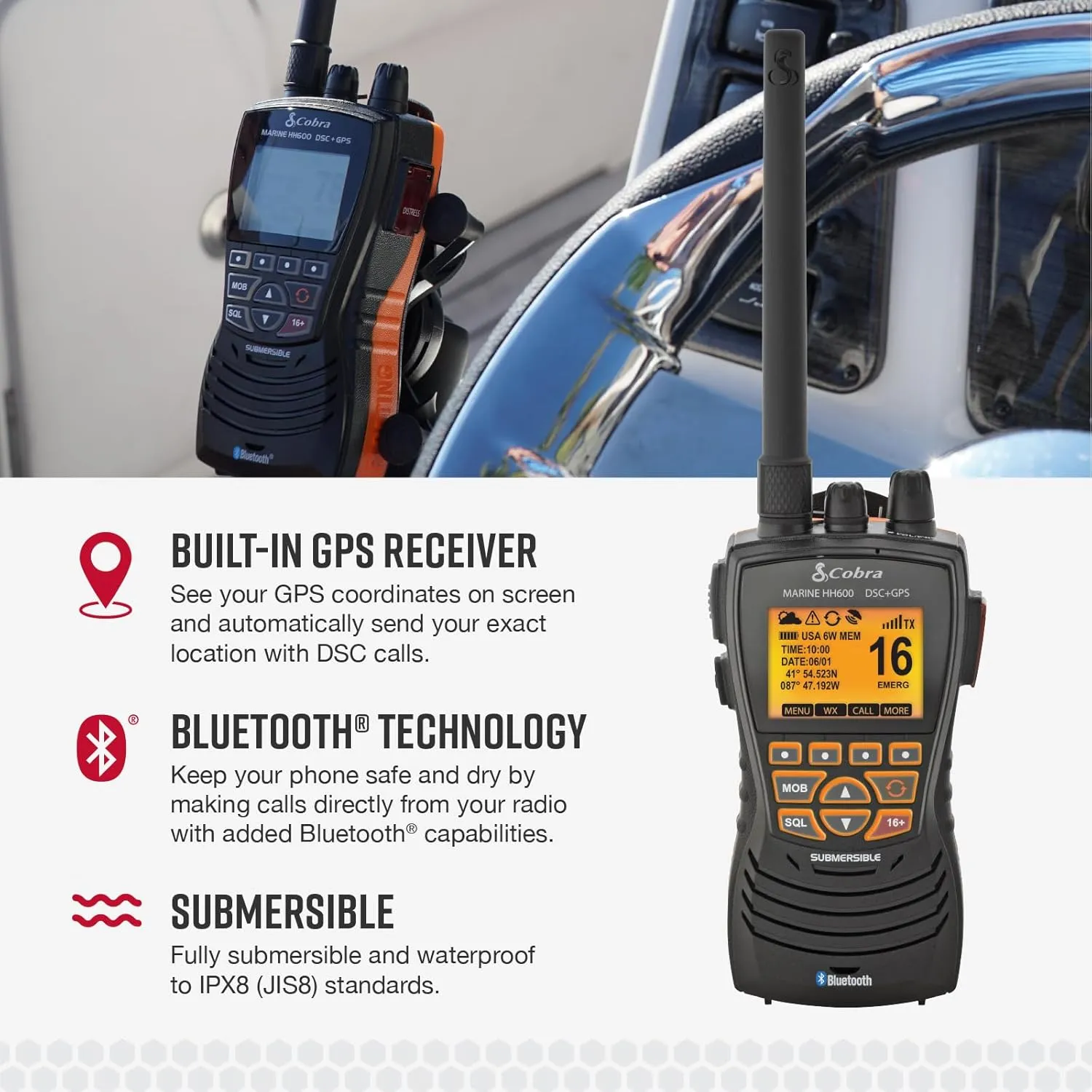Cobra MR HH600FLTBTGPS Handheld Floating VHF Radio  6 Watt, GPS, Bluetooth, Submersible, Noise Cancelling Mic, Backlit LCD Display, Memory Scan, Grey
